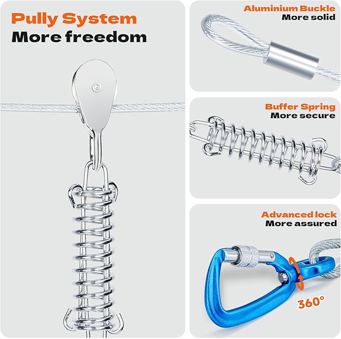 75ft Dog Runner for Yard Large Dog Heavy Duty with Double Shock Absorbers Tangle-Free Aerial Trolley System for Large Dogs Up to 250lbs (Orange)-PurrikoPets