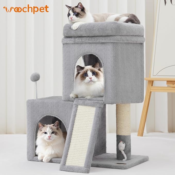 24inch Tall cat Tree with 2 cat condo and Mouse Toy Cozy Small cat Tower with Scratching Post and Board for Kitties and Small Cats.（Light Grey）-PurrikoPets