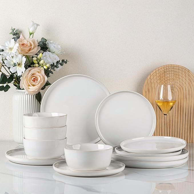 GBHOME Ceramic Dinnerware Sets for 4, 12 Pieces Stoneware Plates and Bowls Sets, Reactive Glaze Dishes -Scratch Resistant, Dishwasher&Microwave Safe-Star White-PurrikoPets