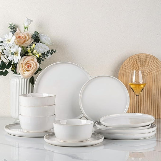 GBHOME Ceramic Dinnerware Sets for 4, 12 Pieces Stoneware Plates and Bowls Sets, Reactive Glaze Dishes -Scratch Resistant, Dishwasher&Microwave Safe-Star White-PurrikoPets