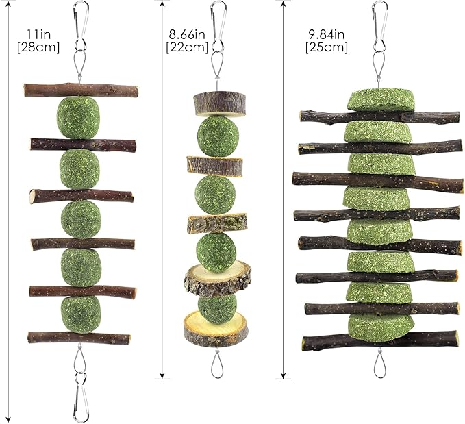 ERKOON Bunny Chew Toys, Rabbit Chew Toys for Teeth Grinding, Improve Dental Health, 100% Natural Apple Wood Timothy Grass Cake Treats for Rabbits Guinea Pigs Chinchillas Bunnies Hamsters (3 Pcs)-PurrikoPets