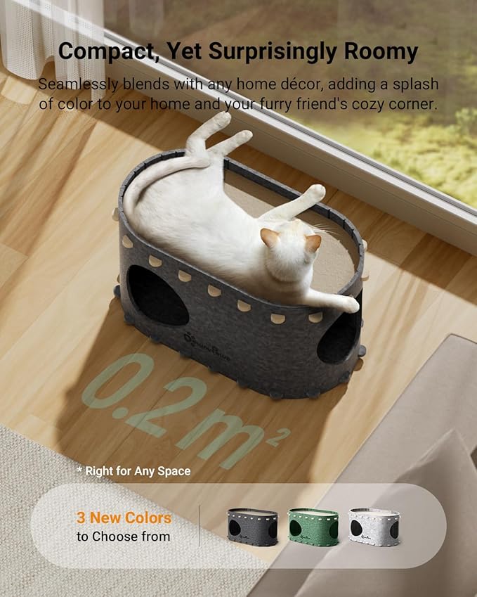 DownyPaws Cat House for Indoor Cats, Cat Bed Cave for Multiple & Large Cats Up to 22 Lbs, Scratch Resistant Peekaboo Cat Caves, Foldable Tunnel Enclosed Bed, PeekaPurr, Sesame Gray-PurrikoPets