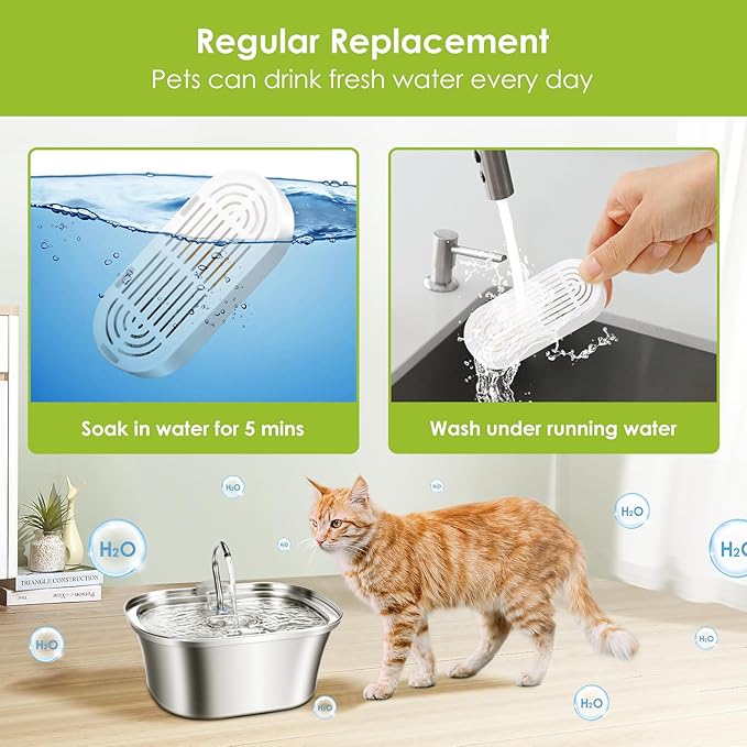 6 Pack Replacement Cat Fountain Filters & Replacement Sponges for Stainless Steel Pet Fountain with Water Level Window, Fountain Carbon Filters for Dog Water Dispenser Bowl-PurrikoPets