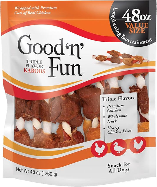 Good ‘n’ Fun Triple Flavor Kabobs Chews for All Dogs, 48 Ounces, Treat Your Dog to Chews Made from Beef Hide, Real Chicken, Pork Hide, Duck and Chicken Liver-PurrikoPets