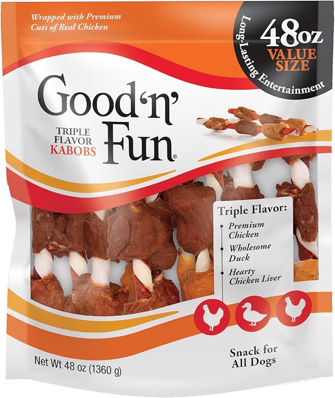 Good ‘n’ Fun Triple Flavor Kabobs Chews for All Dogs, 48 Ounces, Treat Your Dog to Chews Made from Beef Hide, Real Chicken, Pork Hide, Duck and Chicken Liver-PurrikoPets