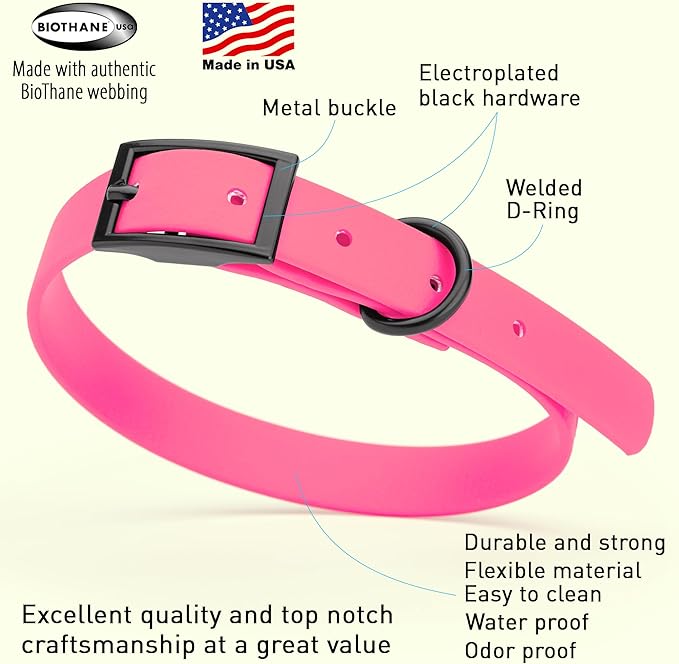 Dogline Biothane Waterproof Dog Collar Strong Coated Nylon Webbing with Black Hardware Odor- Proof for Easy Care Easy to Clean High Performance Fits Small Medium or Large Dogs, Passionfruit Pink-PurrikoPets