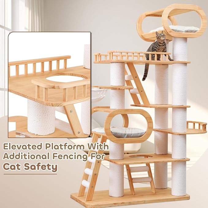 76.8'' Tall Modern Large Cat Tree,Multi-Level Wood Cat Tower for Indoor Cats Large Adults,Luxury Heavy Duty Cat Condo with Cushion,Scratching Posts,Clear Hammock Activity (76.8inch)-PurrikoPets