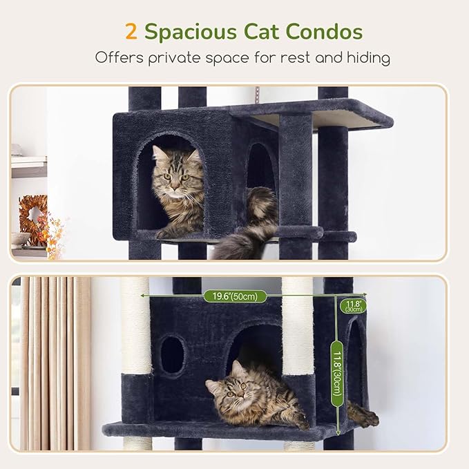 Globlazer Large Cat Tree Tower, Tall Cat Tree Condos for Indoor Cats Large Adult Cat Climbing Tower with 2 Spacious Caves, Oversized Top Perch, Big Hanging Basket, Cat Teaser Wand, F74B, Dark Grey-PurrikoPets
