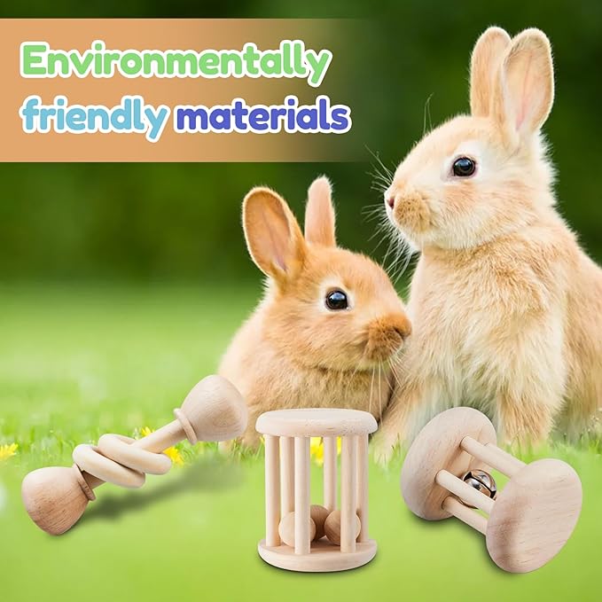 3 Pcs Wooden Bunny Toys - Safe Rabbit & Guinea Pigs Teeth Grinding Toys for Chinchillas, Hamsters & Small Animals - Indoor & Outdoor-PurrikoPets