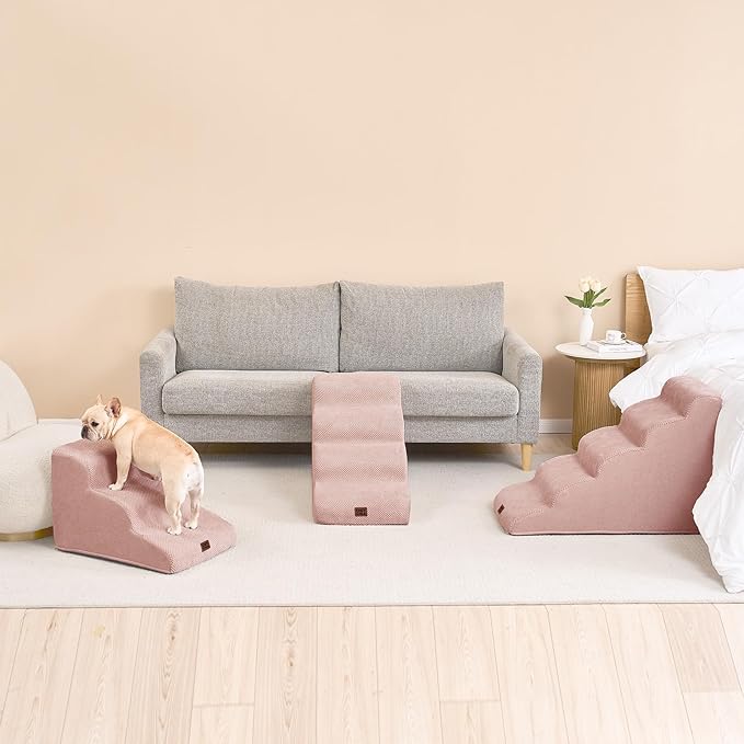 EHEYCIGA Curved Dog Stairs Ramp for High Beds 19.7" H, 4-Step Dog Steps for Small Dogs and Cats, Pet Stairs for High Bed Climbing, Non-Slip Balanced Pet Step Indoor, Dusty Pink-PurrikoPets