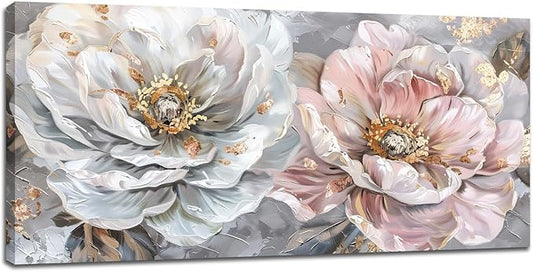 Extra Large Flower Wall Art Pink and White Floral Canvas Living Room Golden Pictures Framed Prints Oversize Wall Decor Big Painting Artwork for Bedroom Dining Office Home 60"x30"-PurrikoPets