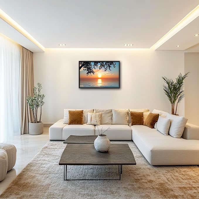 Framed Large Lake Sunset Wall Art, Oversized Natural Landscape Wall Decor for Living Room, Tree Leaves Canvas Painting Pictures Home Decoration for Living Room Bedroom Office 36"x24"-PurrikoPets