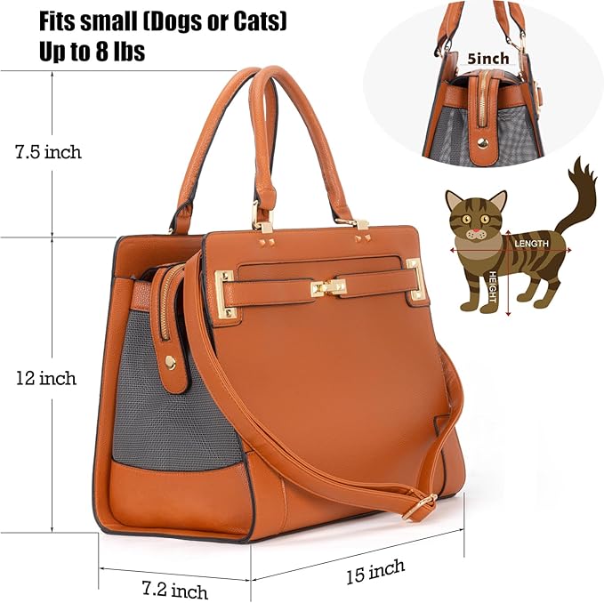 Fashion Pet Carrier Dog Cat Carrier Purse Soft-Sided Leather Handbag Pet Tote Bag for Small Dogs Puppy and Cats TSA Airline Approved (Brown)-PurrikoPets