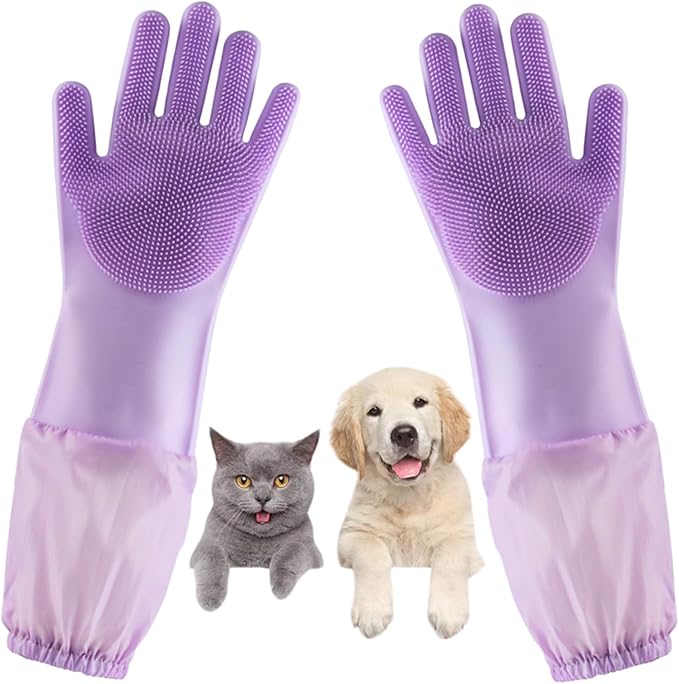Dog Washing Gloves, Pet Grooming Gloves with Soft Brushes, Bathing and Massaging for Dogs and Cats, Silicone Heat Resistant Cleaning Gloves with High-Density Teeth (Purple)-PurrikoPets