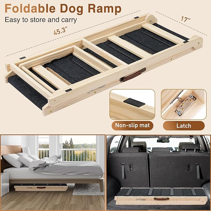 2025 Upgraded Dog Steps for Bed & Couch - 2-in-1 Dog Stairs/Ramp for Small to Large Breeds - 45.3" Long Adjustable 14"-26" Up to 200LBS - Folding Portable Wooden Pet Stairs for high Bed Couch Car-PurrikoPets