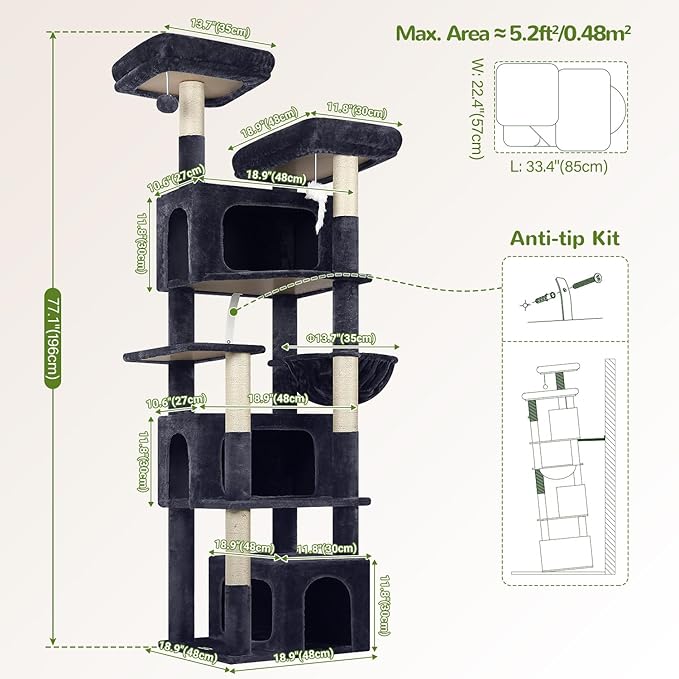 Globlazer Sturdy Cat Tree for Large Cats, 77 inch Large Cat Climbing Tower for Indoor Adult Cats, Cat Scratching Tower with 5 Scratching Posts, 3 Cat Condos, 2 Top Perches, S77, Dark Grey-PurrikoPets