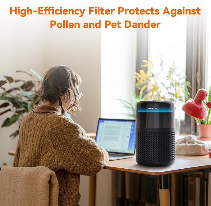 AIRROMI Air Purifier for Bedroom Home,HEPA Filter,Covers Upto 549 Ft²,Quiet 360°intake Air Cleaner with Fragrance ponge for Better Sleep,Night Light,Filters Smoke,Pet Dander,Allergies,Dust,A2005 Black-PurrikoPets