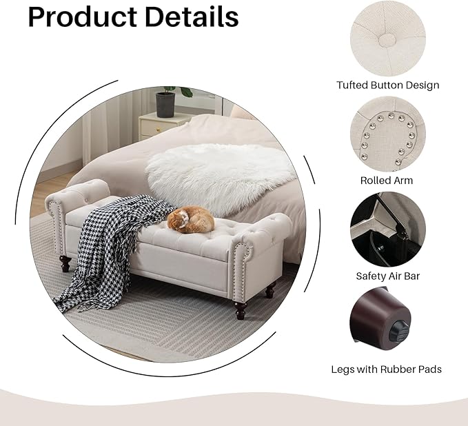 58.1'' Storage Bench Upholstered Linen End of Bedroom Bed Bench Ottoman with Tufted Cushioned Rolled Arm Large Storage Space for Reading Living Room Entryway, Beige-PurrikoPets