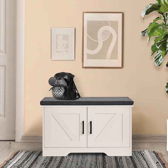 2-Tier Storage Bench, Shoe Bench with Padded Seat Cushion, Entryway Bench with 2 Barn Doors, Adjustable Shelf, 13.8" D x 27.6" W x 17.7" H, for Entryway, Living Room, Bedroom, White-PurrikoPets