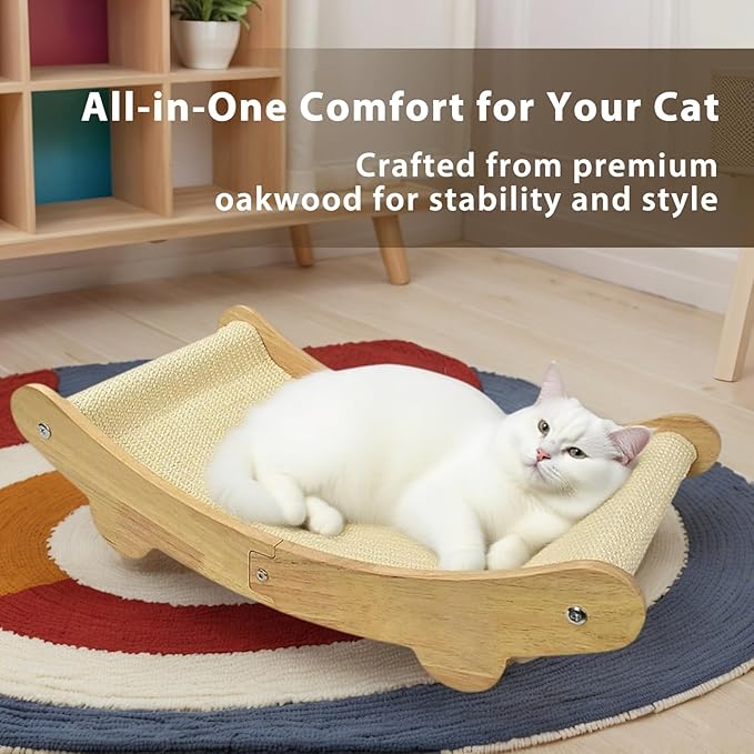 2-in-1 Sisal Cat Scratcher Bed for Indoor Large Cats – Hammock Lounge with Natural Sisal Pad, Wooden Cat Furniture for Scratching and Resting-PurrikoPets