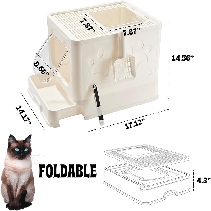 Gefryco Foldable Cat Litter Box with Lid,Covered Litter Box for Small and Medium Cats, Enclosed Cat Potty with Scoop and Brush, Top Entry Cute Kitten Litter Tray with Drawer and Top Cover(White)-PurrikoPets
