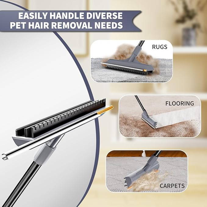 3 in 1 Carpet rake Kit for Pet Hair Removal Tool - Reusable Pet Hair Remover Broom w 58" Adjustable Long Handle, Dog & Cat Carpet Scraper, Pet Hair Remover for Rugs, Mats, Couch, Curtains(Gray)-PurrikoPets