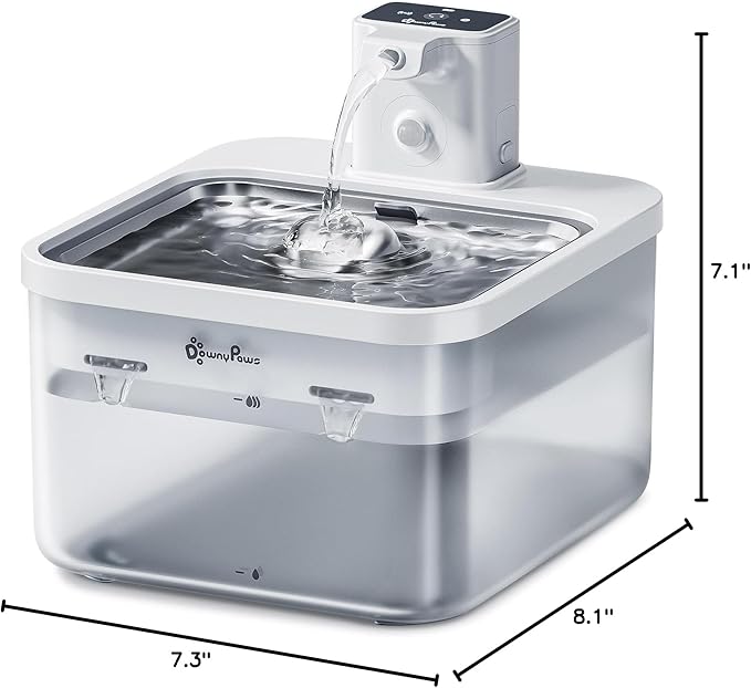 DownyPaws Battery Operated Cat Water Fountain Stainless Steel, 84oz/2.5L Fursink Wireless Pet Water Fountain for Cats Inside, Automatic Dog Water Dispenser with Faucet, Quiet Pump, BPA-Free, White-PurrikoPets