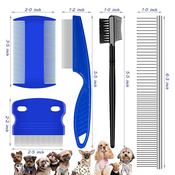 Flea Comb Lice Comb Cat & Dog Pet Grooming Combs Tear Stain Remover Remove Mucus Crust 2-in-1 Metal Round Smooth Teeth Comb Remove Floating Hair Tangles Dander (blue)-PurrikoPets