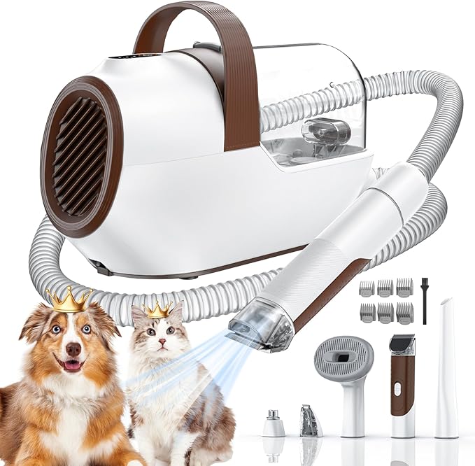 Dog Grooming Vacuum, Dog Grooming Kit with Pet Clipper Nail Grinder, 3 Suction Modes Dog Brush Vacuum with 6 Pet Grooming Tools (Coffee)-PurrikoPets