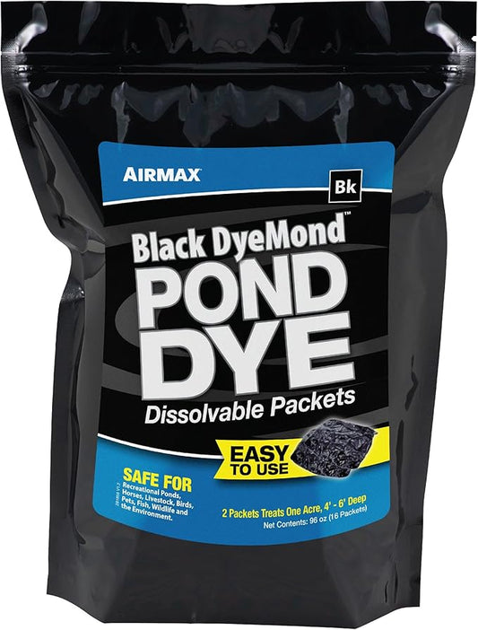 Airmax Black DyeMond Pond Dye Packets Natural Water Colorant for Ponds, Beneficial UV Blocking Color Concentrate, Maintain Clean & Clear Water, Fish, Bird & Animal Safe, 16 Packet-PurrikoPets