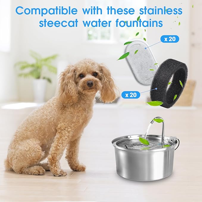 40 Pack Cat Water Fountain Filters-Cat Fountain Replacement Filters for Stainless Steel 108/3.2L& 67oz/2L Adjustable Water Flow Pet Water Fountain(20 Pack Pet Water Filter Refills+20 Pack Sponges)-PurrikoPets