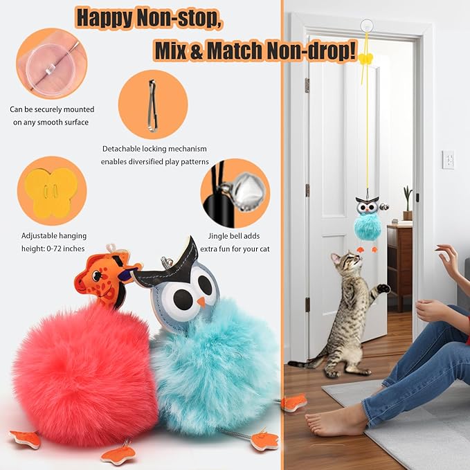 4-in-1 Interactive Cat Toys Set with Suction Cup Wand, Hanging Cat Toys, Fishing Pole Cat Wand & Kitten Balls- Includes Variety Replaceable Worms, Feathers for Indoor Bored Cats for Exercise-PurrikoPets