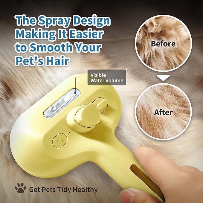 3 In 1 Self-Cleaning Steamy Brush for Pet Grooming - Anti-Static Flying Hair Spray, Removes Loose Hair and Reduces Shedding for Long and Short Fur, Yellow-PurrikoPets