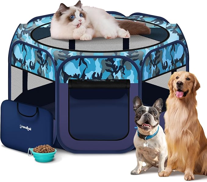 Dog Playpen, Pet Playpen, Portable Cat Playpen, Pop Up Foldable Puppy Playpen Exercise Kennel Tent with Carry Case Collapsible Bowl,Water-Resistant Shade Cover for Outdoor Indoor Travel (Large)-PurrikoPets