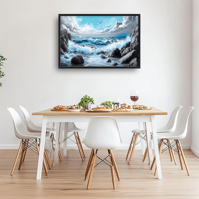 Extra Large Framed Abstract Sea Ocean Wall Art,Black and White Wall Decor, Coastal Seashore Pictures for Living Room,Canvas Print Painting Modern Artwork Bedroom Office Bathroom 36L x 24W-PurrikoPets