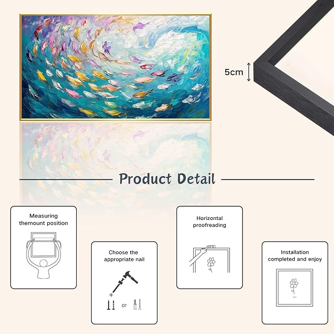 Fish Canvas Wall Art, Abstract School of Fish Canvas Wall Art, School of Fish Painting Canvas, School of Fish Wall Art, Fish Wall Decor, Fish Pictures Wall Decor, Bedroom Canvas Wall Decor (Gold Framed, 36"x20" | 92x52cm)-PurrikoPets