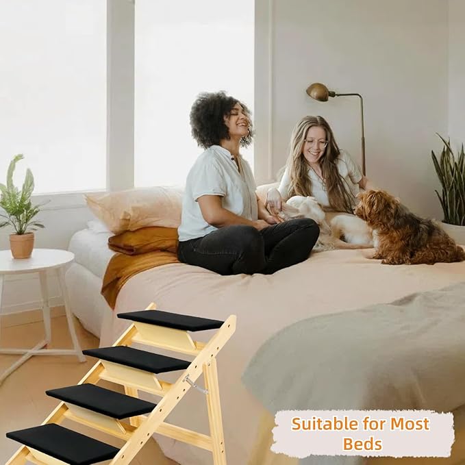 Foldable Dog Stairs/Ramp with 4 Steps - Durable Wooden Pet Stairs for Small, Medium, Large Dogs - Black (5098)-PurrikoPets