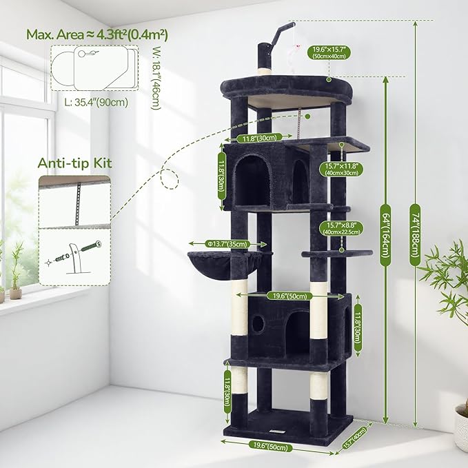 Globlazer Large Cat Tree Tower, Tall Cat Tree Condos for Indoor Cats Large Adult Cat Climbing Tower with 2 Spacious Caves, Oversized Top Perch, Big Hanging Basket, Cat Teaser Wand, F74B, Dark Grey-PurrikoPets