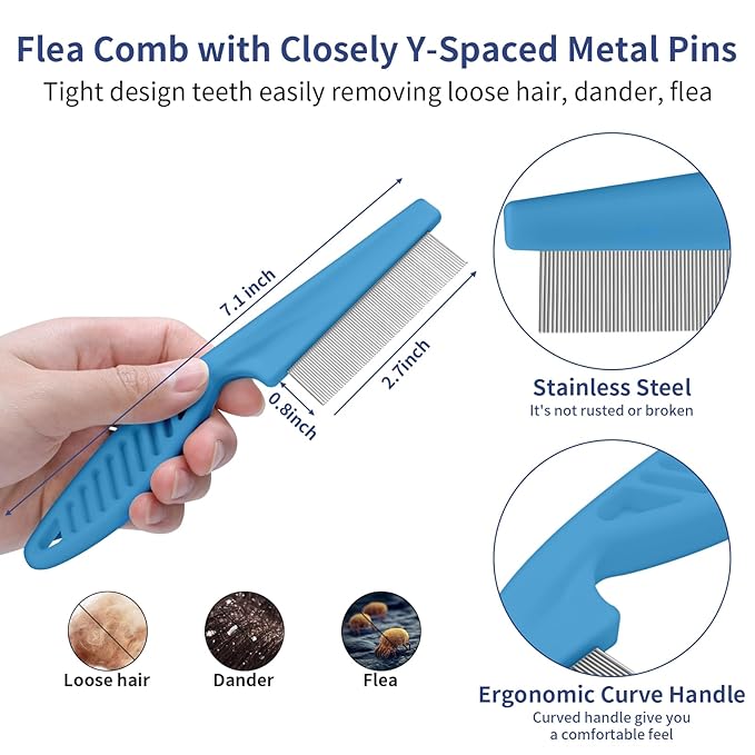 5 in 1 Dog Grooming Kit - Self-Cleaning Slicker Brush for Shedding Short Long Haired Dogs & Cats, Includes Pet Comb, Flea Comb, Bath Brush, Undercoat Rake - Complete Fur Care Set - Blue-PurrikoPets