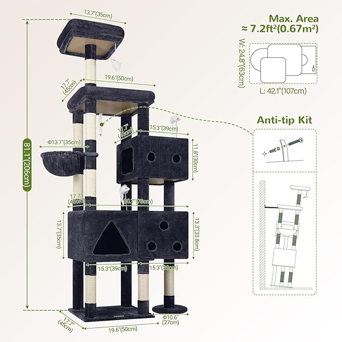 Globlazer Extra Large Cat Tower, 81-inch Tall Cat Tree for Big Cats 20 lbs, XXL Heavy Duty Cat Scratching Tower for Indoor Adult Cats with 3 Cat Condos, 8 Scratching Posts, F81, Dark Grey-PurrikoPets