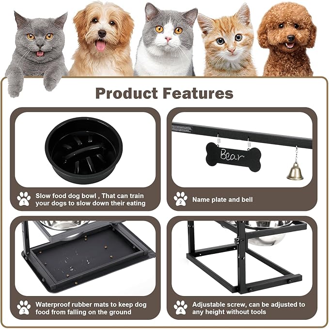 Elevated Dog Bowls with Slow Feeder for Large Dogs – Adjustable Raised Stand with 2 Stainless Steel Bowls & Spill-Proof Mat, Non-Slip Dog Feeder for Large & Medium Dogs (Black)-PurrikoPets