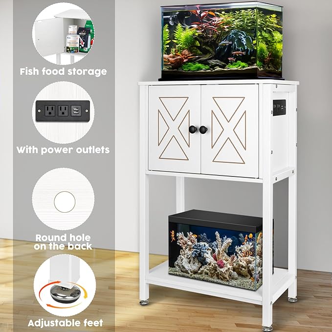 5-10 Gallon Fish Tank Stand, Heavy Duty Aquarium Stand with Cabinet & Power Outlets for Fish Tank Accessories Storage, Double Reptile Terrarium Stand 20.5" L* 11" W Tabletop, White-PurrikoPets