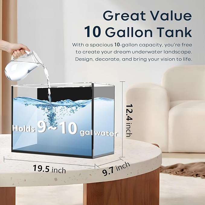 10 Gallon Glass Fish Tank, Aquarium Fish Bowl Cube for Betta Goldfish Snails Shrimp Aquatic Planting, Easy to Maintain Ultra Clear Rimless Dark Background Low Iron-PurrikoPets