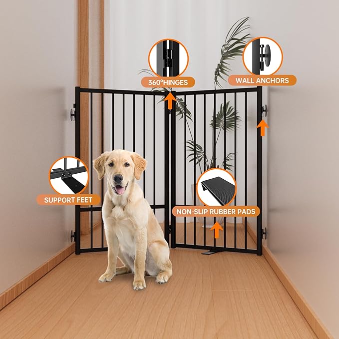 Full Metal Freestanding Dog Gate with Door, 32''Height Foldable Pet Dog Fence for Indoor & Outdoor, 2 Panels Extra Wide Free Standing TallDog Gates for Doorways,House,Stairs,Porch,Deck,Yard-PurrikoPets