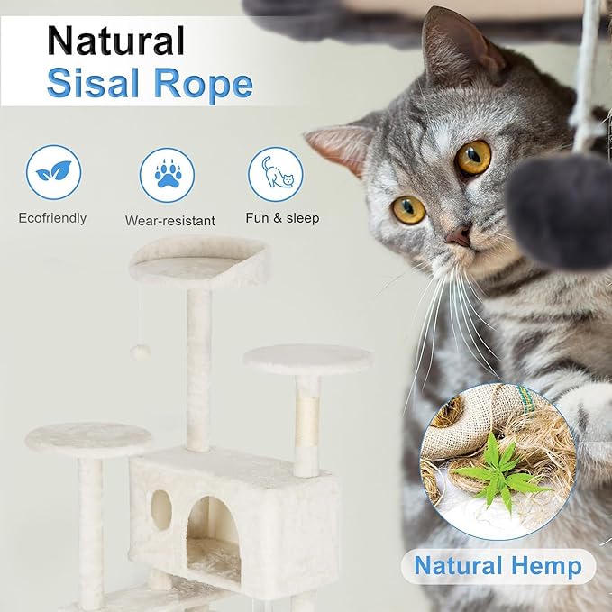 FDW Cat Tree Tower 62in Multi-Level Durable Cat Scratching Post & Cozy Fun Jumping Platform Space Saving Condo Pet Play House for Indoor Cats, Beige-PurrikoPets