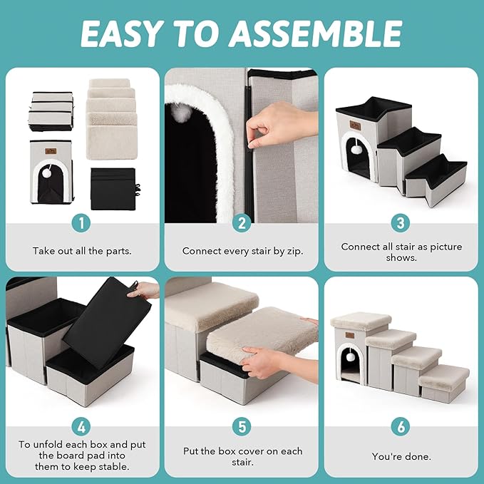 Dog Stairs for Small Dogs with Storage and Condo, 17.5" H Foldable Pet Stairs for Small Medium or Puppy Dogs and Older Cats, Dog Steps for Bed or Couch, 13x35x17.5 inch, 4 Tiers, Beige-PurrikoPets