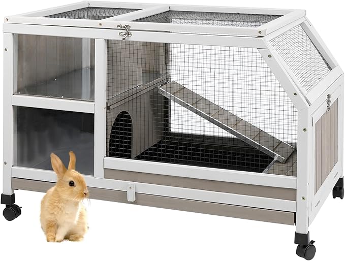 36''L Rabbit Hutch Outdoor with Casters and Run, Wooden Indoor 2 Story Guinea Pig Cage with Divider Panel, Pull Out Tray, Rabbit Duck Bunny House for Small to Medium Animals and Pet Lover, Gray-PurrikoPets