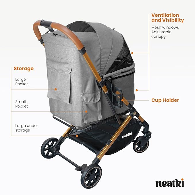 Foldable Pet Stroller for Dogs and Cats, 33 lbs Capacity, 360° Swivel Front Wheels, One-Click Fold, Brake System, Leash & Lock Clips, Removable Washable Padding, and Cup Holder (Gray, 33 lbs)-PurrikoPets