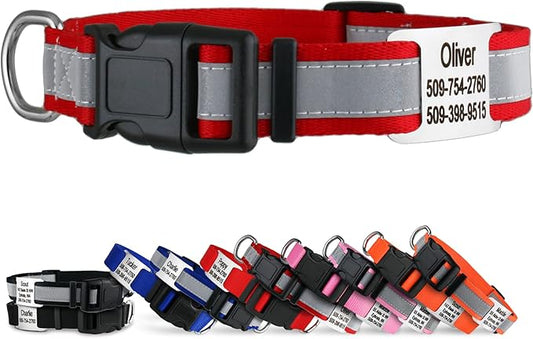 GoTags Reflective Personalized Dog Collar with Nameplate, Adjustable Dog Collar with Custom Engraved Steel Slide On Pet ID Tag, Silent, No Noise Dog Tag for Large Medium or Small (Red, Large)-PurrikoPets