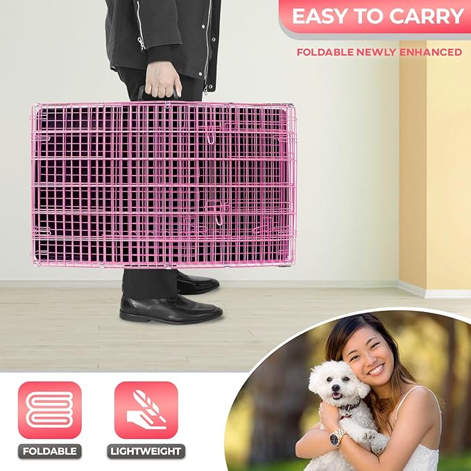 FDW Dog Crate for Small Dogs 24 Inch Folding Metal WirePet Cage Double Door W/Divider Panel Indoor Outdoor Kennel Leak-Proof Plastic Tray,Pink-PurrikoPets